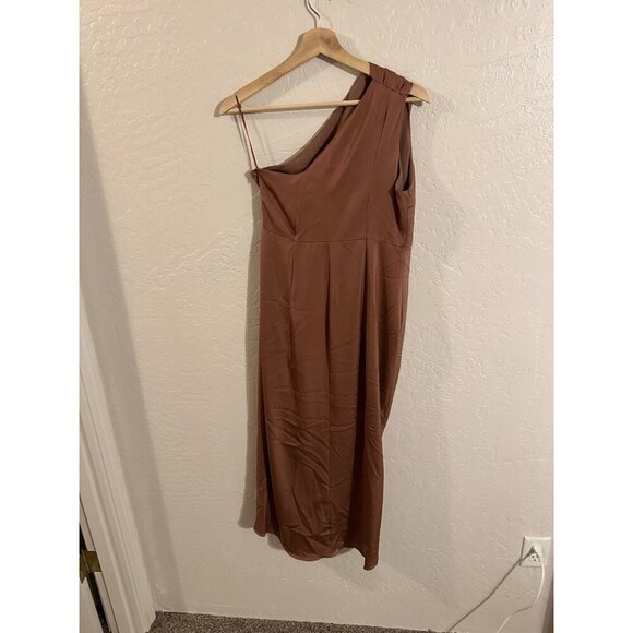 Showpo Bronze Silky One Shoulder Draped Mini Dress - Picture 9 of 12